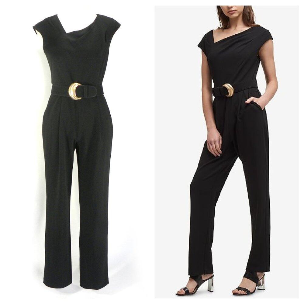 DKNY Black Crepe Belted Jumpsuit Asymmetrical Neckline Dressy